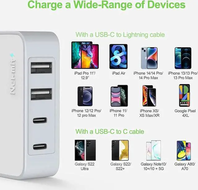 Alt view image 4 of 6 - USB C Charger Thin Flat 52W 4-Port Fast Wall Charger with Two 20W Power Delivery and 2 Port for iPhone 14/14 Pro/14 Pro Max Galaxy Pixel iPad Pro AirPods More Upgraded