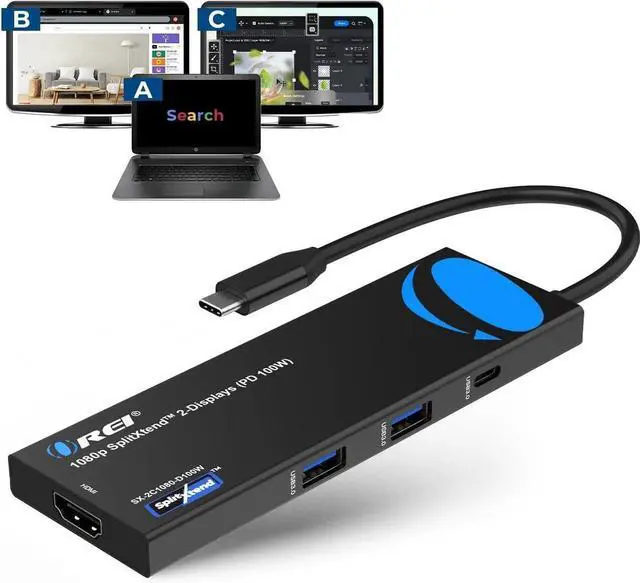 Main image of JAENFONG SplitExtend Laptop Docking Station 4K Dual Monitor - 2X USB 3.0 1x Type-C SD Card Reader - USB-C Adapter to HDMI 2.0 Extended Screen 4K@30Hz Outputs - 100W PD