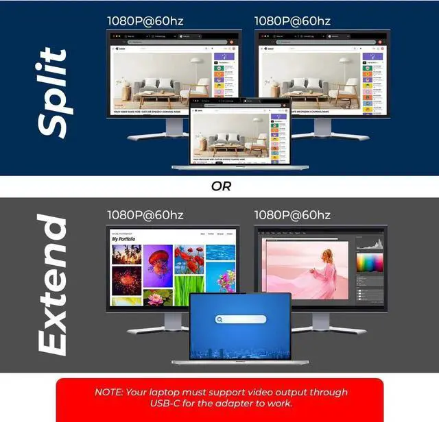 Alt view image 6 of 7 - JAENFONG SplitExtend Laptop Docking Station 4K Dual Monitor - 2X USB 3.0 1x Type-C SD Card Reader - USB-C Adapter to HDMI 2.0 Extended Screen 4K@30Hz Outputs - 100W PD