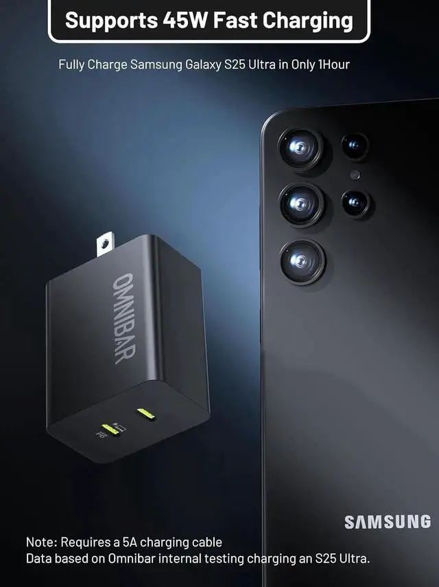 Alt view image 3 of 7 - 45W Super Fast Charger USB C Supports Super Fast Charging 2.0 Foldable GaN PPS Fast Dual Port Wall Charger for S25/S24/Note 20 MacBook Air iPad iPhone 16/15 and More Series