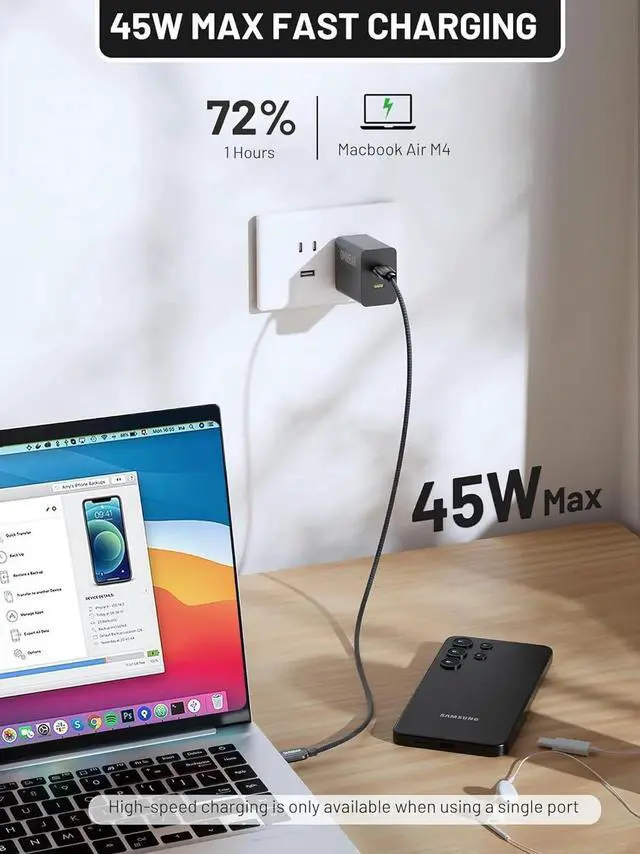 Alt view image 6 of 7 - 45W Super Fast Charger USB C Supports Super Fast Charging 2.0 Foldable GaN PPS Fast Dual Port Wall Charger for S25/S24/Note 20 MacBook Air iPad iPhone 16/15 and More Series