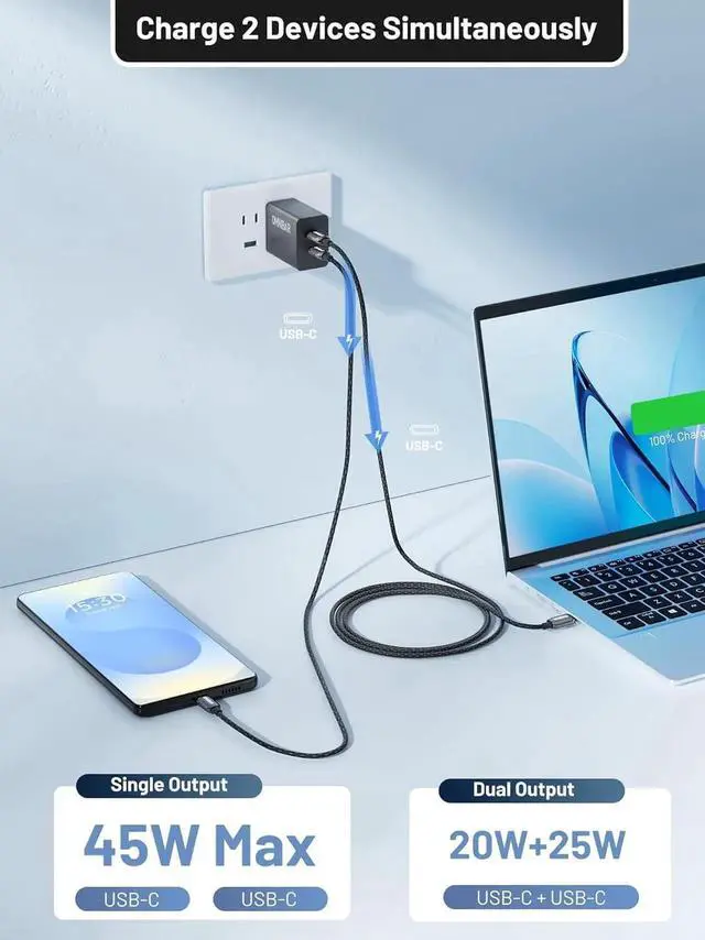 Alt view image 7 of 7 - 45W Super Fast Charger USB C Supports Super Fast Charging 2.0 Foldable GaN PPS Fast Dual Port Wall Charger for S25/S24/Note 20 MacBook Air iPad iPhone 16/15 and More Series