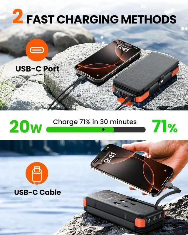 Alt view image 7 of 7 - JAENFONG Wireless Solar Power Bank 25000mAh Solar Charger with Built-in 3 Cables Dual Outputs 4 Solar Panels & 3 LED Flashlights Portable Phone Charger for Outdoor Camping