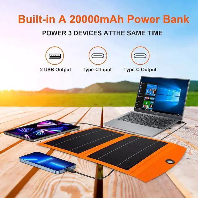 Alt view image 3 of 5 - JAENFONG Portable-Solar-Panel-Charger-20W Foldable Solar Charger with 20000mAh Power Bank and USB-C Fast Charging/LED Flashlight Compatible with iPhone iPad Galaxy for Outdoor Camping Backpacking