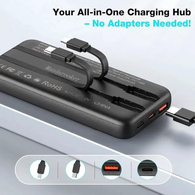 Alt view image 6 of 7 - JAENFONG Portable Charger with Built in Cable 10000mAh LED Display with 4 Output high Speed External Battery Pack Travel Phone Charger Compatible for iPhone iPad Android Black