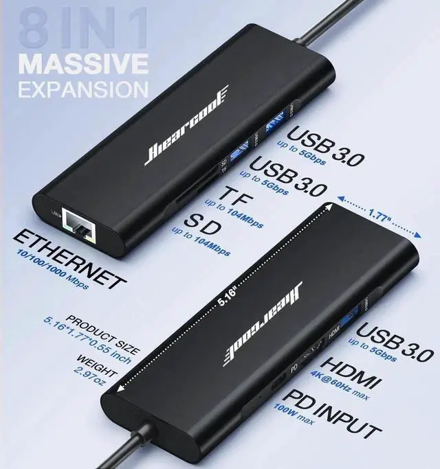 Alt view image 4 of 7 - JAENFONG USB C Hub USBC to 4K@60 Hz HDMI Adapter with 100W PD 8-in-1 USB-C Dongle Multiport Dock Compatible for MacBook HP Laptops-Midnight Black