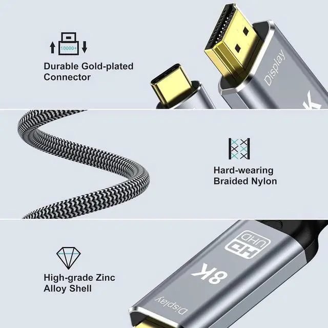Alt view image 6 of 7 - JAENFONG 8K USB C to HDMI 2.1 Cable 10Ft 48Gbps USB Type-C to HDMI Braided Cord (8K@60Hz 4K@120Hz) Compatible with Thunderbolt 4/3 for iPhone 15/15Promax MacBook Air iPad XPS 17