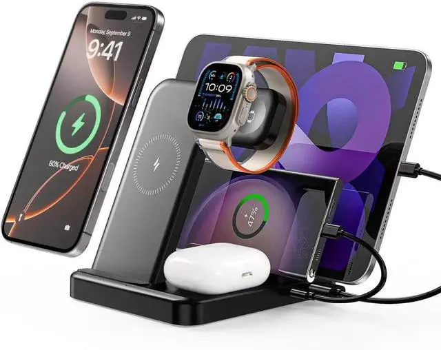 Alt view image 6 of 6 - JAENFONG 5-in-1 Charging Station for iPhones 16 Pro/16 Pro Max/16 and Androids iPad Pro/Air/Mini Watch 10/Ultra 2/Ultra/9/8/7/SE Wireless Charging Dock for Multiple Devices (Black)