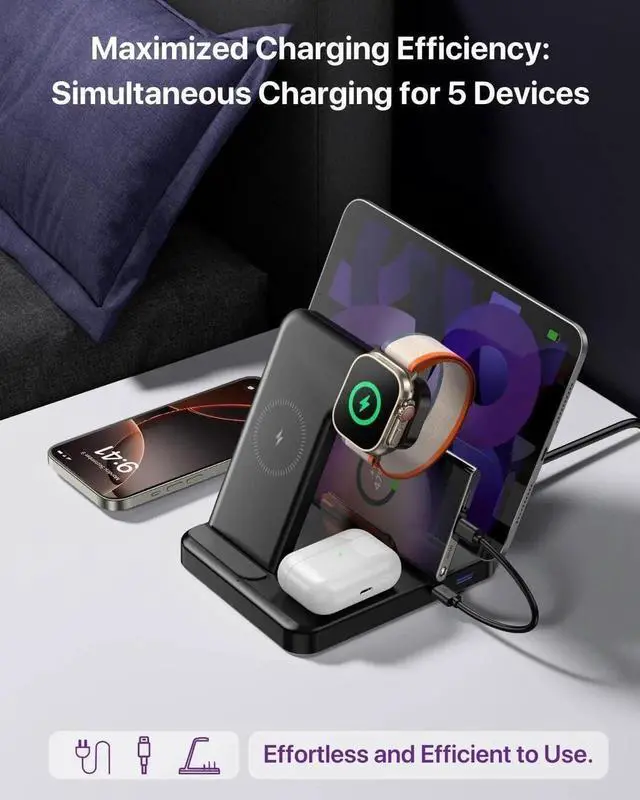 Alt view image 4 of 6 - JAENFONG 5-in-1 Charging Station for iPhones 16 Pro/16 Pro Max/16 and Androids iPad Pro/Air/Mini Watch 10/Ultra 2/Ultra/9/8/7/SE Wireless Charging Dock for Multiple Devices (Black)