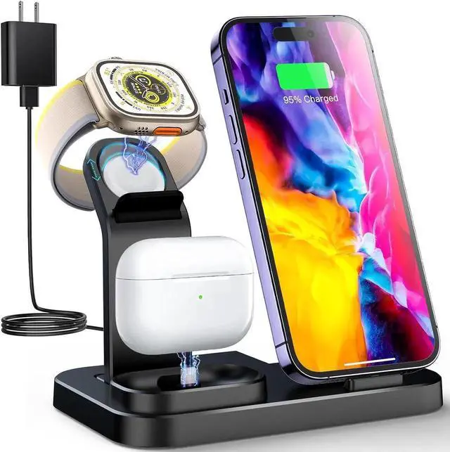 Main image of Wireless Charging Station 3 in 1 Compatible with Devices Charging Dock for iWatch Built-in Wireless Charger Stand for iPhone Series AirPods Gifts (with 18W Adapter) Graphite Black