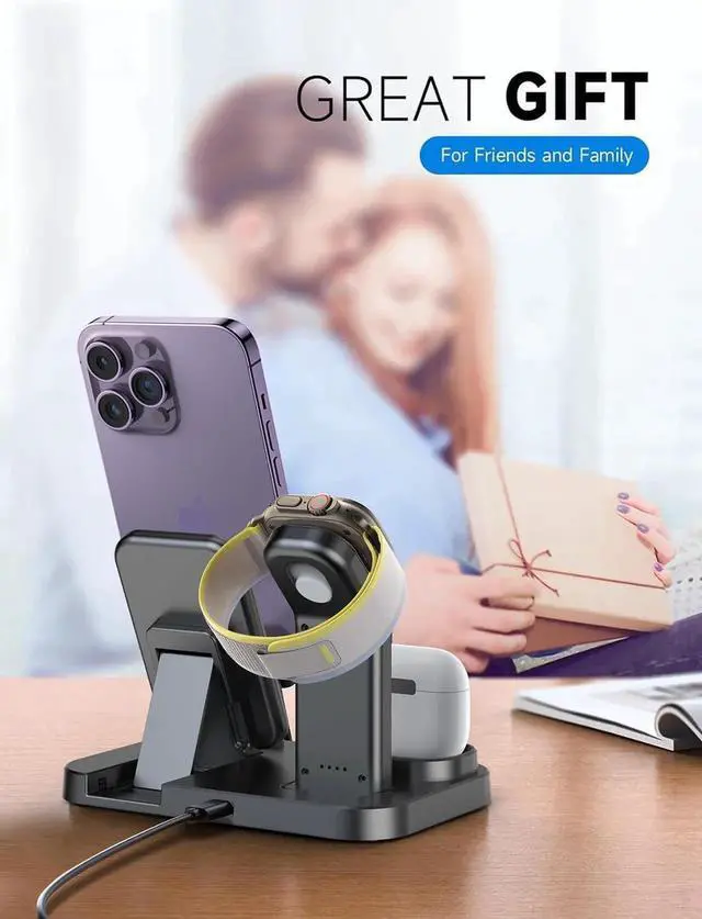 Alt view image 4 of 5 - Wireless Charging Station 3 in 1 Compatible with Devices Charging Dock for iWatch Built-in Wireless Charger Stand for iPhone Series AirPods Gifts (with 18W Adapter) Graphite Black