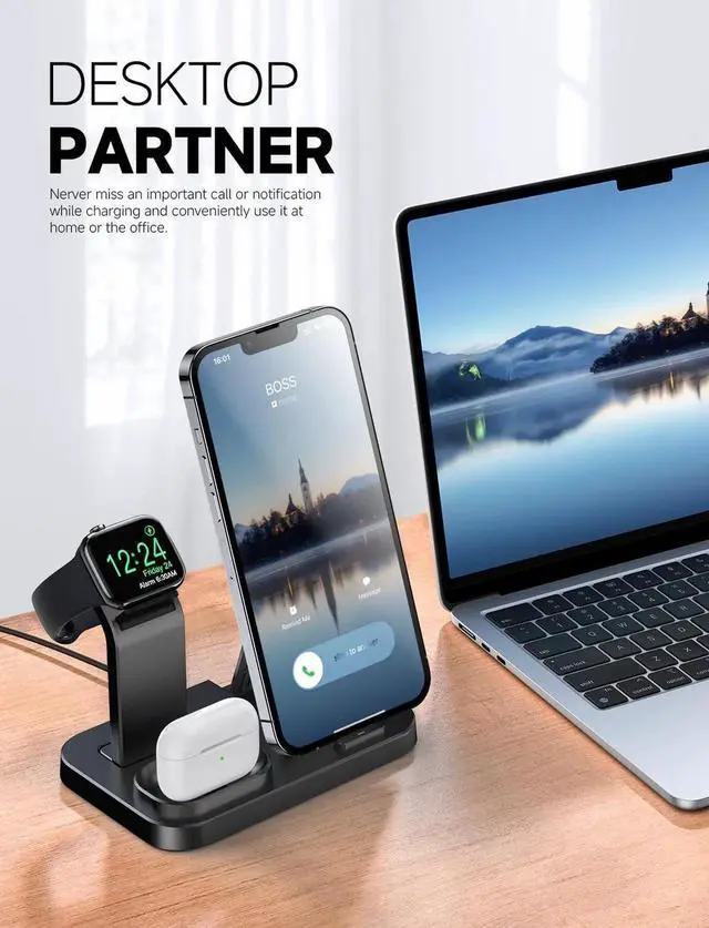 Alt view image 2 of 5 - Wireless Charging Station 3 in 1 Compatible with Devices Charging Dock for iWatch Built-in Wireless Charger Stand for iPhone Series AirPods Gifts (with 18W Adapter) Graphite Black