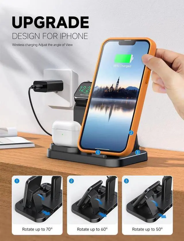 Alt view image 5 of 5 - Wireless Charging Station 3 in 1 Compatible with Devices Charging Dock for iWatch Built-in Wireless Charger Stand for iPhone Series AirPods Gifts (with 18W Adapter) Graphite Black