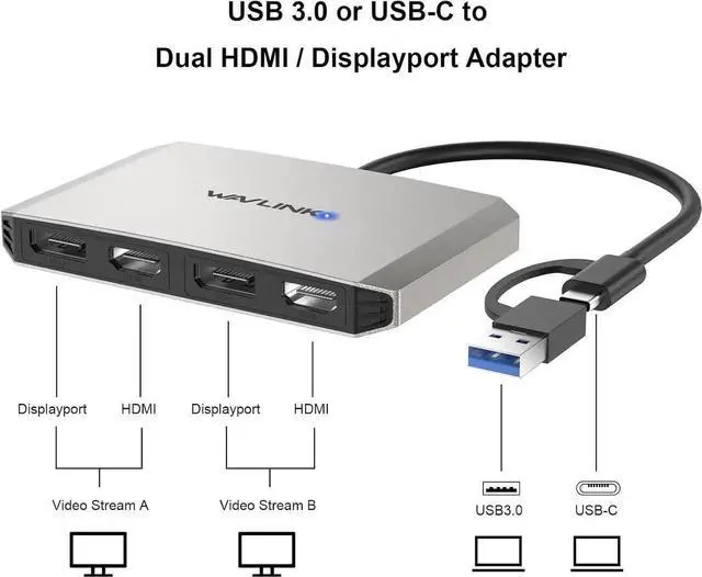 Alt view image 5 of 7 - JAENFONG USB C and USB 3.0 to Dual 4K DisplayPort/HDMI Adapter Displaylink Monitor Splitter Extended Display for Dual Monitor 4K@60Hz HDMI/DP Splitter Compatible with Mac M1-M4 Window Laptop-Silver