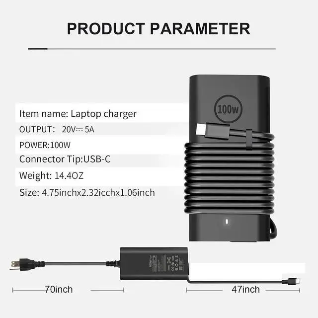 Alt view image 2 of 6 - GAN 100W USB C Laptop Charger for Latitude 5340 7640 7340 7440 5440 5540 9440 5289 5300 Precision 3540 3580 3480 3581 5480 5680 in-spiron 14 Plus 7430 7440 DA100PM220