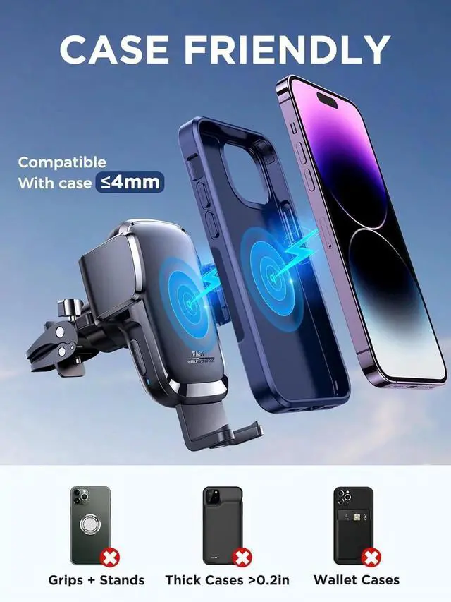 Alt view image 3 of 6 - Wireless Car Charger 15W Qi Fast Charging Auto Clamping Car Charger Phone Holder Mount Cell Phone Holder Car Mount for iPhone 16 15 14 13 Pro Max Xs Galaxy S24 Ultra LG Google