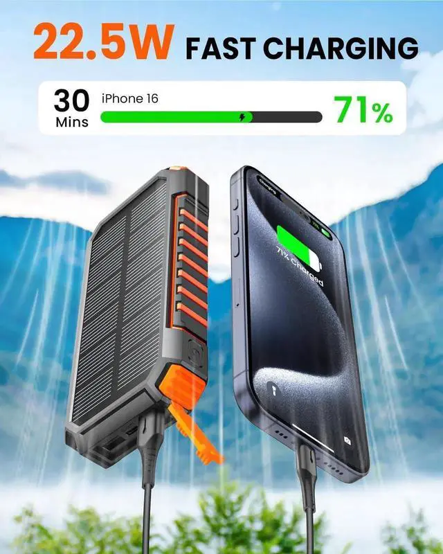 Alt view image 3 of 7 - JAENFONSolar Charger Power Bank: 27000mAh Wireless Portable Charger Built-in Cables - 22.5W Fast Charging Battery Bank with USB C - PD QC3.0 External Battery Pack for Phone - 2 Flashlights for Outdoor