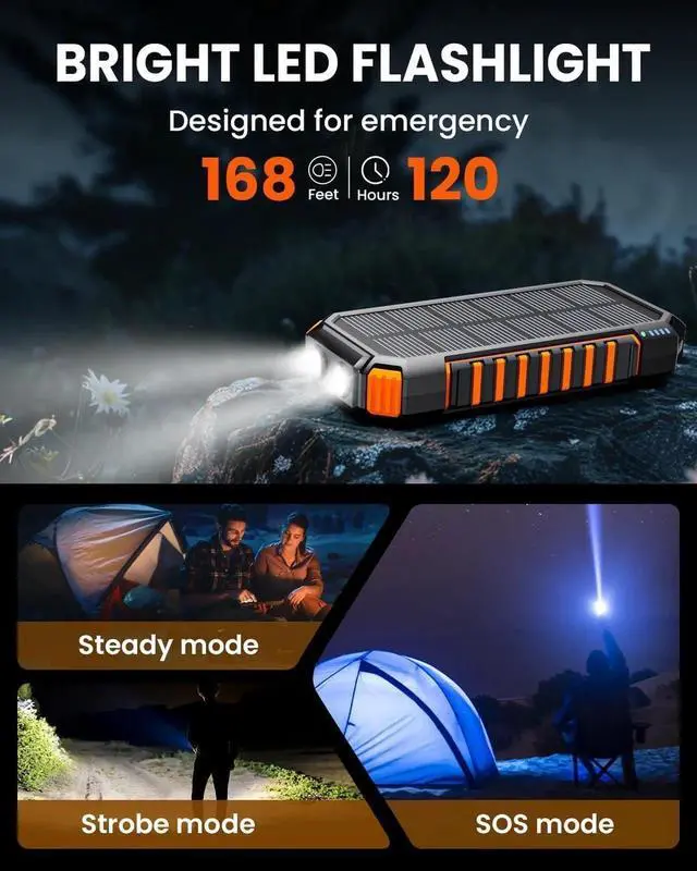 Alt view image 2 of 7 - JAENFONSolar Charger Power Bank: 27000mAh Wireless Portable Charger Built-in Cables - 22.5W Fast Charging Battery Bank with USB C - PD QC3.0 External Battery Pack for Phone - 2 Flashlights for Outdoor