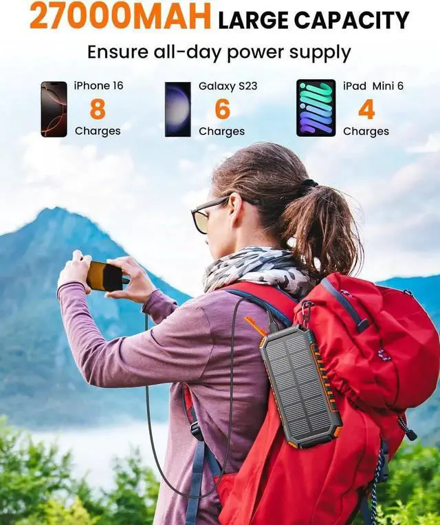 Alt view image 4 of 7 - JAENFONSolar Charger Power Bank: 27000mAh Wireless Portable Charger Built-in Cables - 22.5W Fast Charging Battery Bank with USB C - PD QC3.0 External Battery Pack for Phone - 2 Flashlights for Outdoor