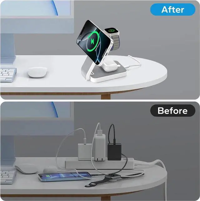 Alt view image 3 of 7 - 3 in 1 Foldable Wireless Travel Charging Station for MagSafe Nightstand Magnetic Charger Stand for iPhone 16 15 14 13 Pro Max Mag-Safe Charging Dock with Night Light for Watch/AirPods