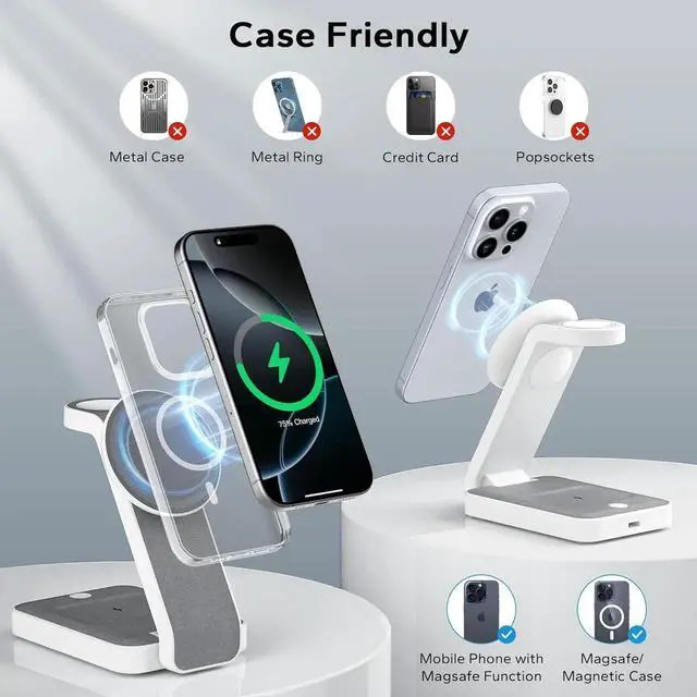 Alt view image 7 of 7 - 3 in 1 Foldable Wireless Travel Charging Station for MagSafe Nightstand Magnetic Charger Stand for iPhone 16 15 14 13 Pro Max Mag-Safe Charging Dock with Night Light for Watch/AirPods