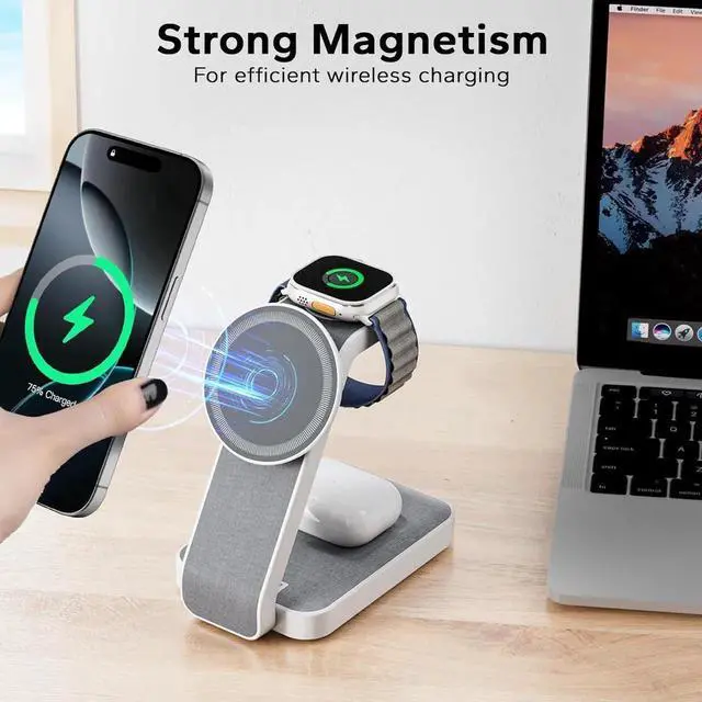 Alt view image 2 of 7 - 3 in 1 Foldable Wireless Travel Charging Station for MagSafe Nightstand Magnetic Charger Stand for iPhone 16 15 14 13 Pro Max Mag-Safe Charging Dock with Night Light for Watch/AirPods