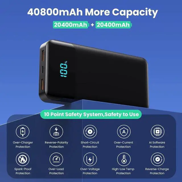 Alt view image 5 of 7 - Portable Charger 40800mAh Power Bank with 3 Built-in Cable 25W PD USB C in&Out Power Bank Fast Phone Charging QC4.0 LED Display Portable Battery Pack Compatible with iPhone 16/15 Galaxy Android-Black