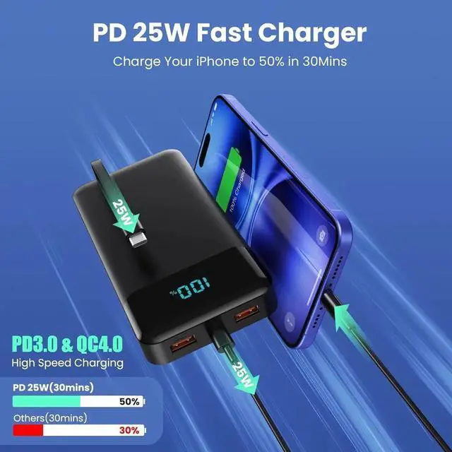 Alt view image 6 of 7 - Portable Charger 40800mAh Power Bank with 3 Built-in Cable 25W PD USB C in&Out Power Bank Fast Phone Charging QC4.0 LED Display Portable Battery Pack Compatible with iPhone 16/15 Galaxy Android-Black