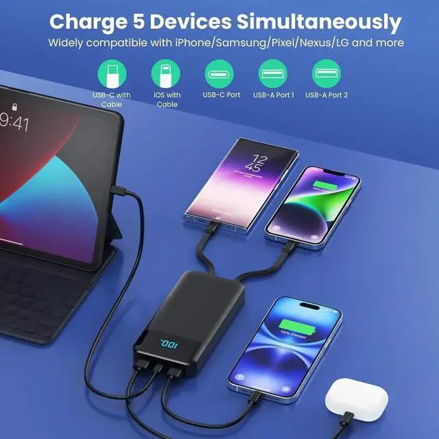 Alt view image 2 of 7 - Portable Charger 40800mAh Power Bank with 3 Built-in Cable 25W PD USB C in&Out Power Bank Fast Phone Charging QC4.0 LED Display Portable Battery Pack Compatible with iPhone 16/15 Galaxy Android-Black