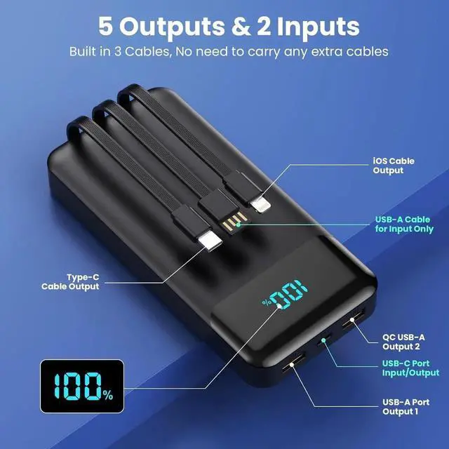 Alt view image 7 of 7 - Portable Charger 40800mAh Power Bank with 3 Built-in Cable 25W PD USB C in&Out Power Bank Fast Phone Charging QC4.0 LED Display Portable Battery Pack Compatible with iPhone 16/15 Galaxy Android-Black