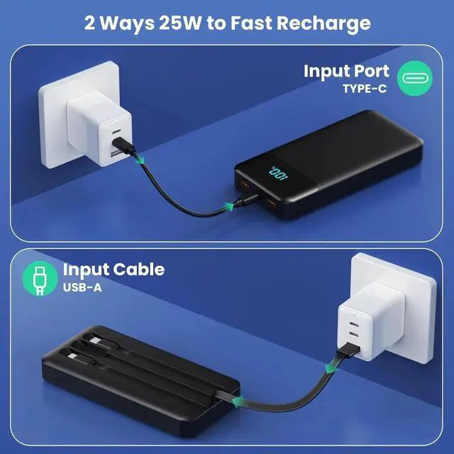 Alt view image 4 of 7 - Portable Charger 40800mAh Power Bank with 3 Built-in Cable 25W PD USB C in&Out Power Bank Fast Phone Charging QC4.0 LED Display Portable Battery Pack Compatible with iPhone 16/15 Galaxy Android-Black
