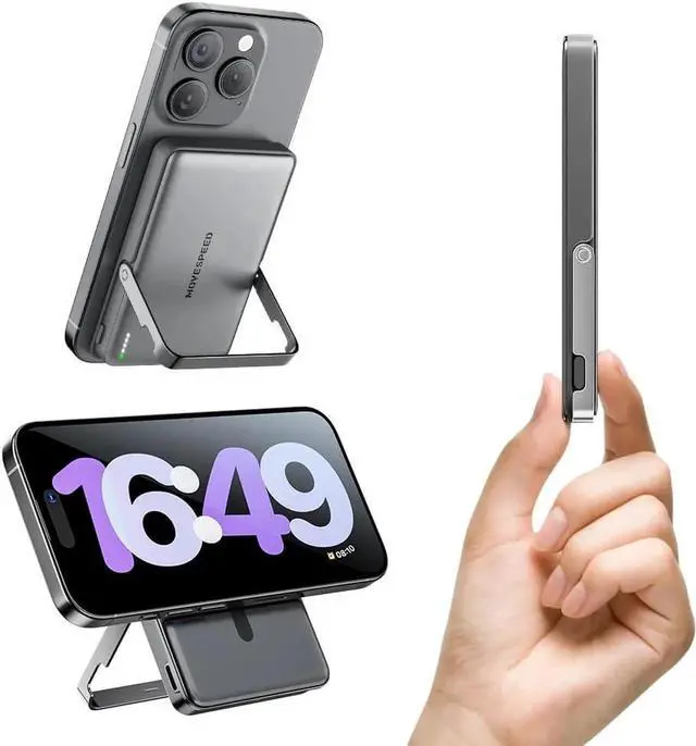 Main image of 0.55 Slim 10000 mAh Magnetic Power Bank for iPhone with Kickstand 22.5W PD Fast Charging Magsafe Battery Pack for iPhone 16/15/14/13/12 Series Glacier Gray