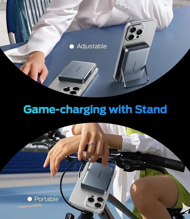 Alt view image 6 of 7 - 0.55 Slim 10000 mAh Magnetic Power Bank for iPhone with Kickstand 22.5W PD Fast Charging Magsafe Battery Pack for iPhone 16/15/14/13/12 Series Glacier Gray