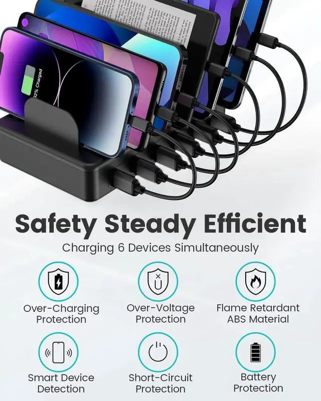 Alt view image 5 of 7 - 50W 6 Ports Multi Charger Station with 6 Charging Cables USB Charging Dock for Multiple Devices Compatible with Cellphone iPad Kindle Tablet and Other Electronic Devices