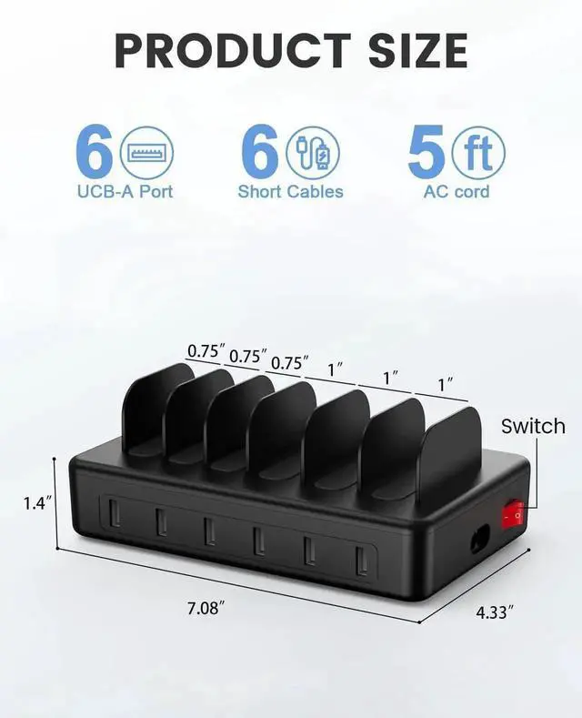 Alt view image 2 of 7 - 50W 6 Ports Multi Charger Station with 6 Charging Cables USB Charging Dock for Multiple Devices Compatible with Cellphone iPad Kindle Tablet and Other Electronic Devices