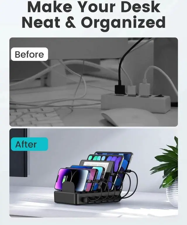 Alt view image 3 of 7 - 50W 6 Ports Multi Charger Station with 6 Charging Cables USB Charging Dock for Multiple Devices Compatible with Cellphone iPad Kindle Tablet and Other Electronic Devices