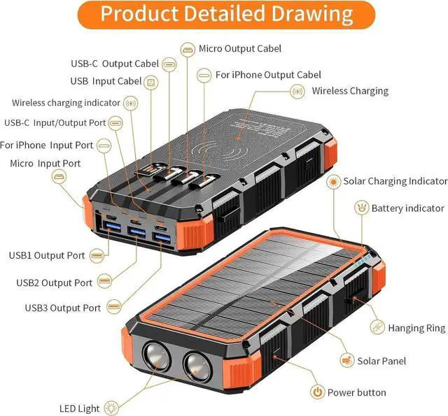 Alt view image 3 of 7 - Solar Charger Power Bank 49800mAh Wireless Charger QC 3.0 Fast Charging Power Bank 8 Outputs 4 Inputs Solar Portable Charger Compatible with All Mobile Devices SOS/Strobe/Strong Flashlights (orange)
