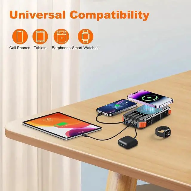 Alt view image 4 of 7 - Solar Charger Power Bank 49800mAh Wireless Charger QC 3.0 Fast Charging Power Bank 8 Outputs 4 Inputs Solar Portable Charger Compatible with All Mobile Devices SOS/Strobe/Strong Flashlights (orange)