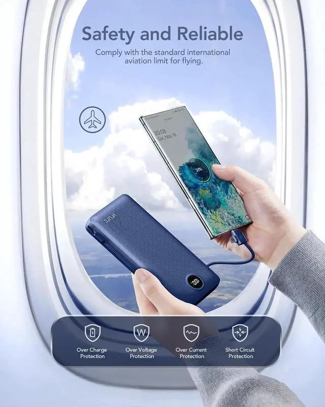 Alt view image 7 of 7 - JAENFONG Portable Charger 20000mAh Fast Charging Power Bank USB C 4 Output 2 Input Travel Essentials Charging Bank Equipped with LED Display Built-in Wall Plug and Cables Phone Charger Battery Navy