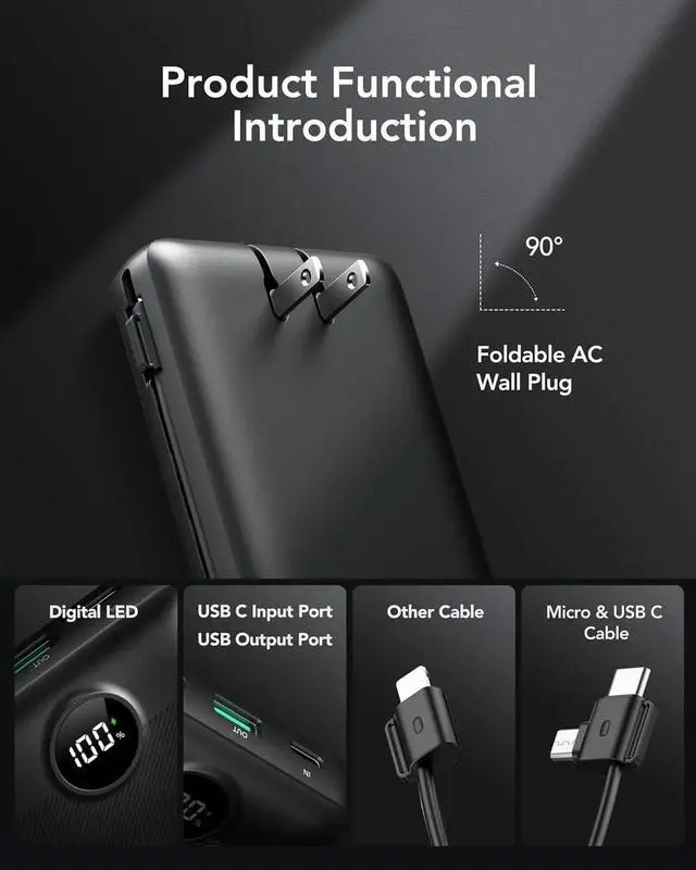 Alt view image 4 of 6 - JAENFONG Portable Charger 20000mAh Fast Charging Power Bank USB C 4 Output 2 Input Travel Essentials Charging Bank Equipped with LED Display Built-in Wall Plug and Cables Phone Charger Battery Black