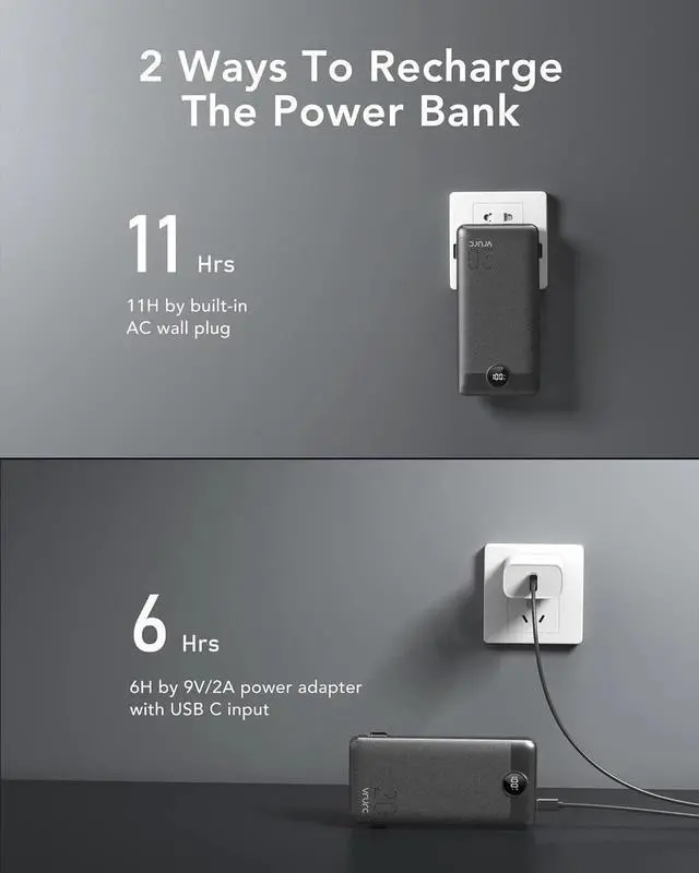 Alt view image 2 of 6 - JAENFONG Portable Charger 20000mAh Fast Charging Power Bank USB C 4 Output 2 Input Travel Essentials Charging Bank Equipped with LED Display Built-in Wall Plug and Cables Phone Charger Battery Black