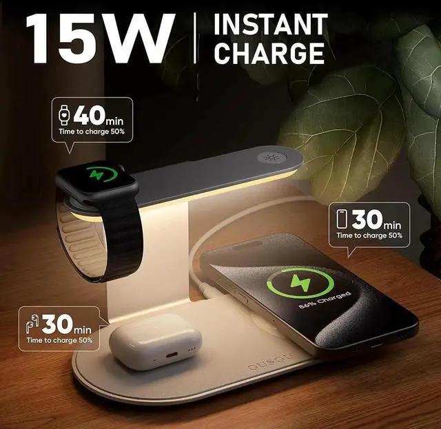 Alt view image 6 of 6 - 3 in 1 Charging Station for MagSafe Wireless Charger with Three-Level Night Light 15W Max Fast Charging for iPhone 16/15/14/13/12 iWatch S1-8/Ultra AirPods(USB-C Charger Included)-Gray