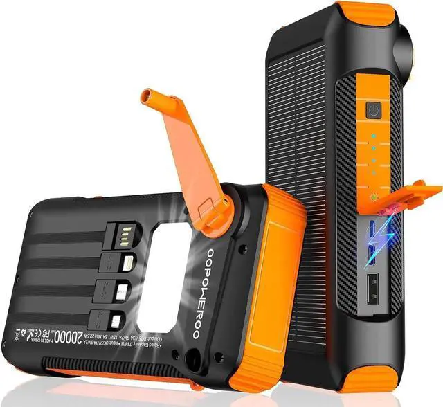 Main image of JAENFONG Solar Power Bank 20000mAh Built in Hand Crank and 4 Cables 22.5W Fast Charge Power Bank 5 Outputs & 5 Inputs Solar Portable Charger SOS/Strobe/Strong Flashlights Carabiner (Orange)