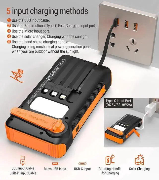 Alt view image 2 of 7 - JAENFONG Solar Power Bank 20000mAh Built in Hand Crank and 4 Cables 22.5W Fast Charge Power Bank 5 Outputs & 5 Inputs Solar Portable Charger SOS/Strobe/Strong Flashlights Carabiner (Orange)