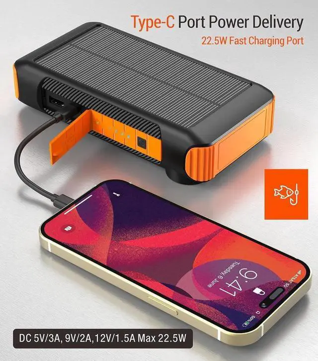 Alt view image 6 of 7 - JAENFONG Solar Power Bank 20000mAh Built in Hand Crank and 4 Cables 22.5W Fast Charge Power Bank 5 Outputs & 5 Inputs Solar Portable Charger SOS/Strobe/Strong Flashlights Carabiner (Orange)