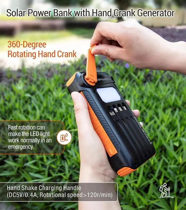 Alt view image 7 of 7 - JAENFONG Solar Power Bank 20000mAh Built in Hand Crank and 4 Cables 22.5W Fast Charge Power Bank 5 Outputs & 5 Inputs Solar Portable Charger SOS/Strobe/Strong Flashlights Carabiner (Orange)