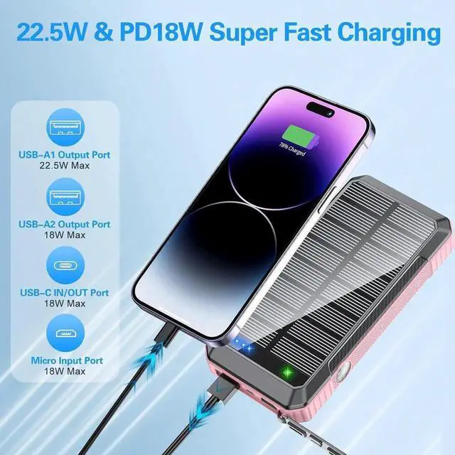 Alt view image 3 of 7 - JAENFONGSolar Power Bank Wireless Charger 33800mAh Built in 4 Cables and LED Camping Lights 22.5W Fast Charging Power Bank 7 Outputs 4 Inputs Portable Charger Compatible with All Mobile Devices (Pink)