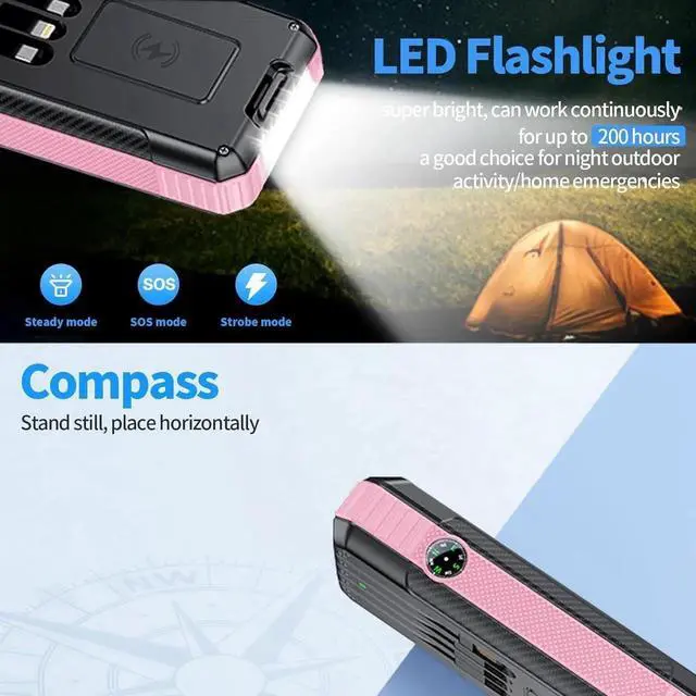 Alt view image 5 of 7 - JAENFONGSolar Power Bank Wireless Charger 33800mAh Built in 4 Cables and LED Camping Lights 22.5W Fast Charging Power Bank 7 Outputs 4 Inputs Portable Charger Compatible with All Mobile Devices (Pink)