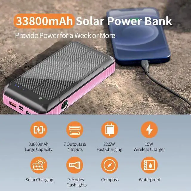 Alt view image 6 of 7 - JAENFONGSolar Power Bank Wireless Charger 33800mAh Built in 4 Cables and LED Camping Lights 22.5W Fast Charging Power Bank 7 Outputs 4 Inputs Portable Charger Compatible with All Mobile Devices (Pink)