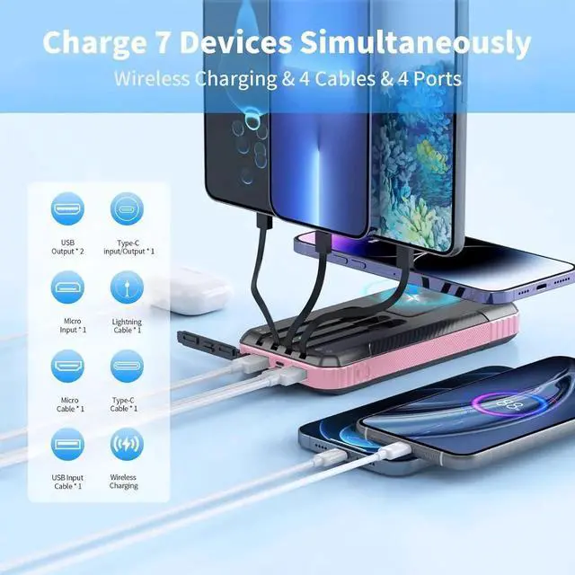 Alt view image 7 of 7 - JAENFONGSolar Power Bank Wireless Charger 33800mAh Built in 4 Cables and LED Camping Lights 22.5W Fast Charging Power Bank 7 Outputs 4 Inputs Portable Charger Compatible with All Mobile Devices (Pink)